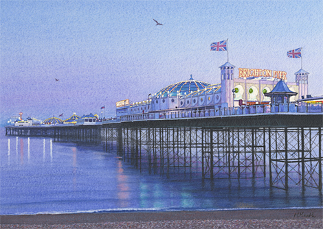 A painting of Brighton Pier at dusk by Margaret Heath.